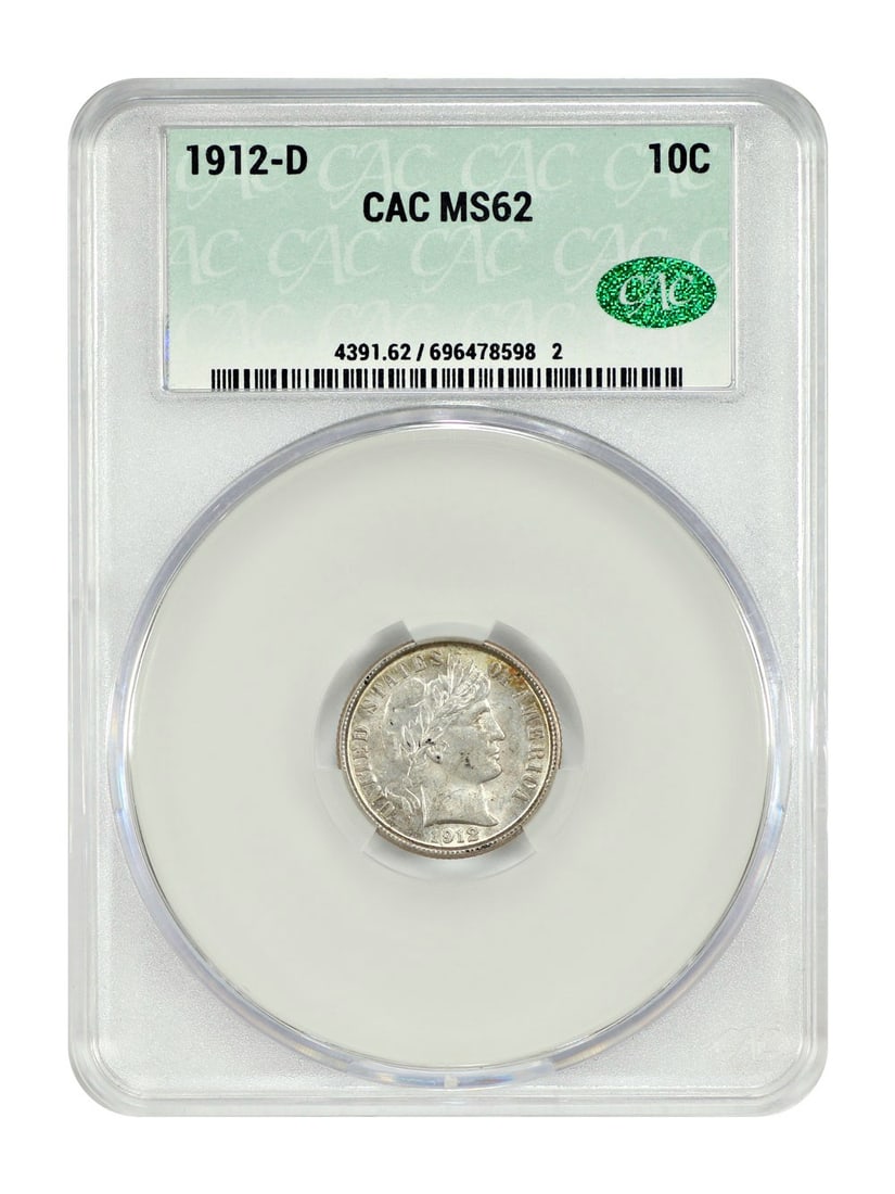 Barber Dime - 1912-D 10C CACG MS62: Barber Dime - 1912-D 10C CACG MS62 This listing features Barber Dime - 1912-D 10C CACG MS62. Item specifics are provided below. Item Specifics: Certification: CACG Certification Number: 696478598 Circ