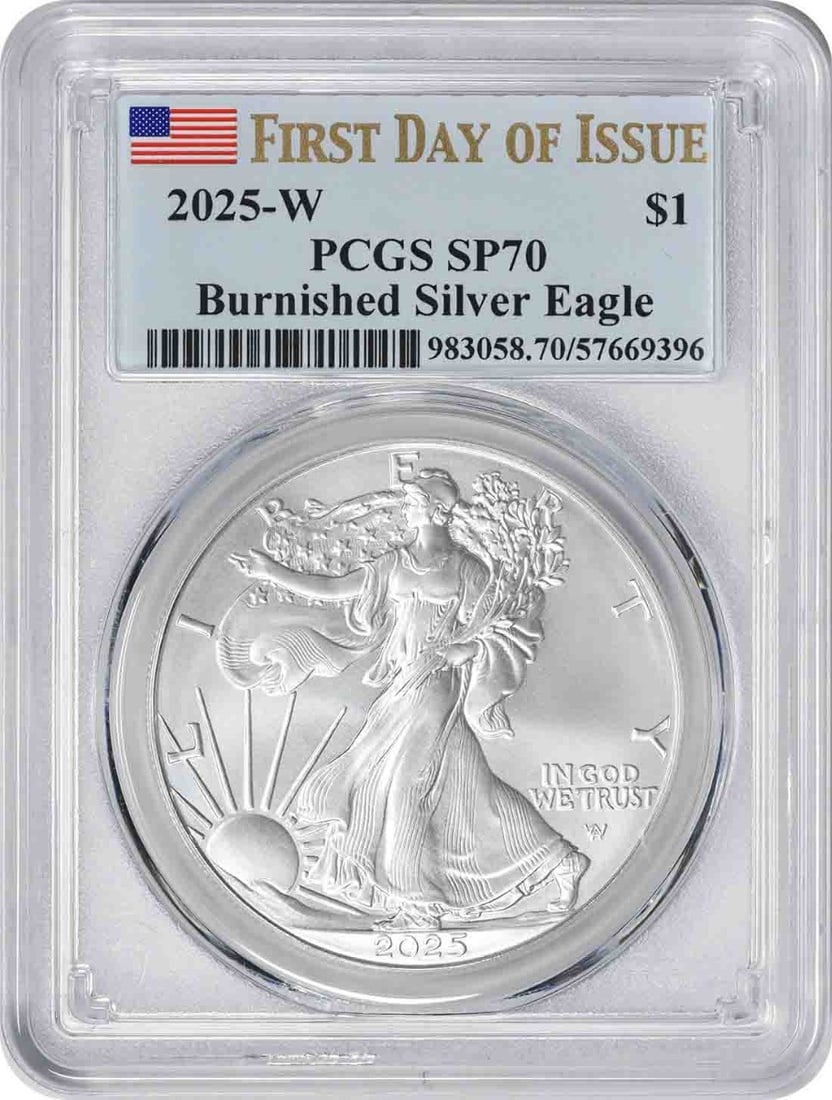 PCGS 2025-W $1 American Silver Eagle Burnished SP70 First Day of Issue (1 of 1)