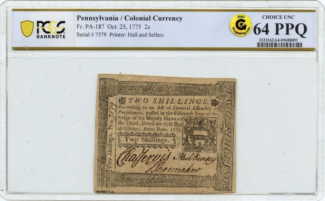 2s Pennsylvania Colonial Note FR#PA-187 PCGS CU64 PPQ GCC Gold - 1775 October 25 (1 of 1)