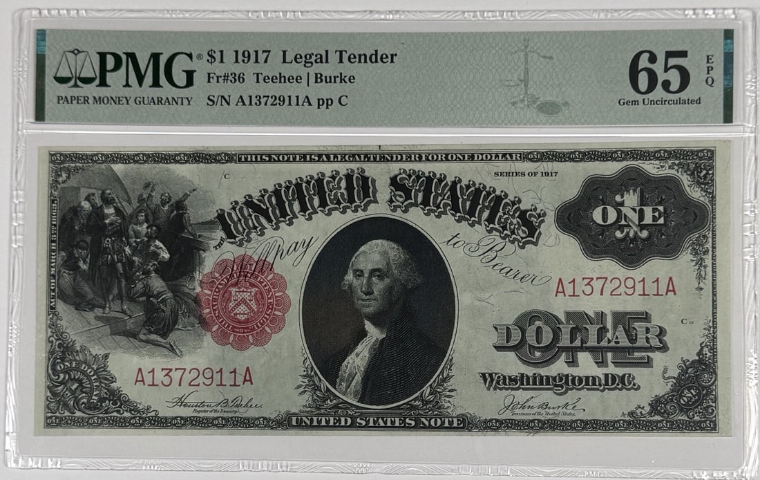 EPQ 1917 $1 LEGAL TENDER FR#36 PMG GEM UNC 65: EPQ 1917 $1 LEGAL TENDER FR#36 PMG GEM UNC 65 This listing features EPQ 1917 $1 LEGAL TENDER FR#36 PMG GEM UNC 65. Item specifics are provided below. Item Specifics: Circulated/Uncirculated: