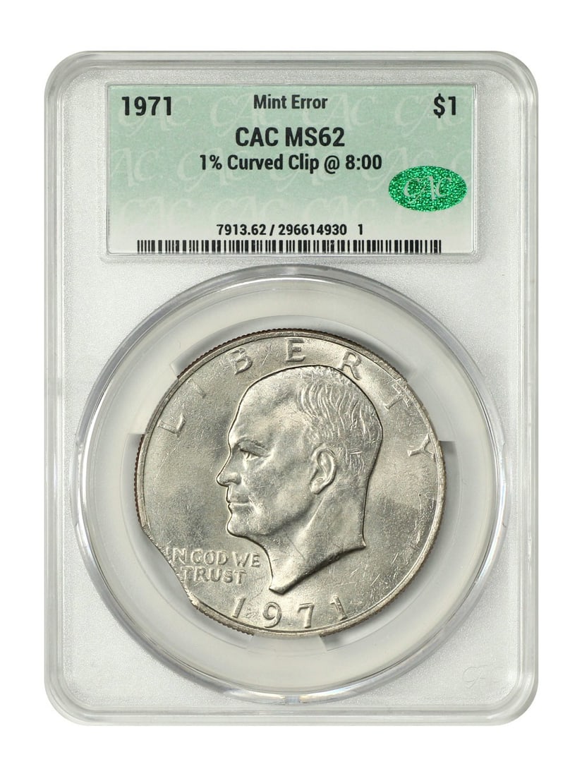 Ike Dollar - Mint Error: 1971 $1 CACG MS62 (1% Curved Clip @ 8: 00): Ike Dollar - Mint Error: 1971 $1 CACG MS62 (1% Curved Clip @ 8: 00) This listing features Ike Dollar - Mint Error: 1971 $1 CACG MS62 (1% Curved Clip @ 8: 00). Item specifics are provided below. Item