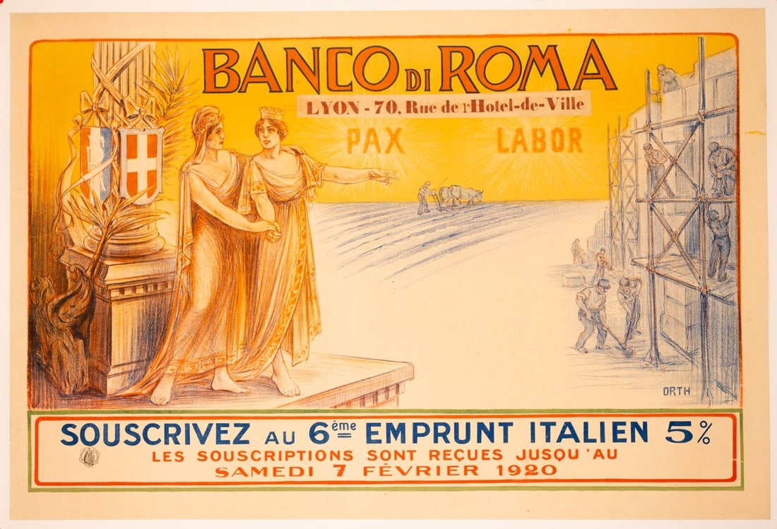 Lithograph Banco Di Roma Emprunt Poster 1920 Orth Wwi War Loan France Italy - 2