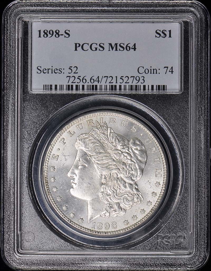 MS64 1898-S $1 Morgan Dollar PCGS: MS64 1898-S $1 Morgan Dollar PCGS This listing features MS64 1898-S $1 Morgan Dollar PCGS. Item specifics are provided below. Item Specifics: Certification: PCGS Certification Number: 72152793