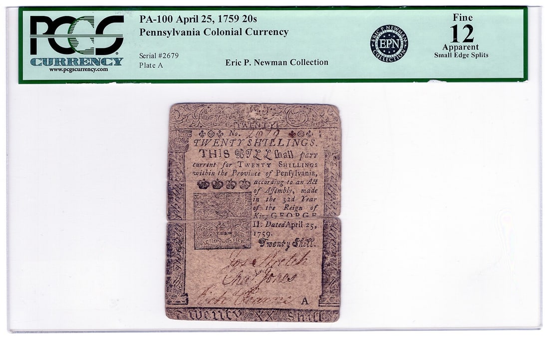 1759 20 Shillings PA Colonial PCGS Fine 12 App (Sm Edge Spl - FR. PA-100 April 25: 1759 20 Shillings PA Colonial PCGS Fine 12 App (Sm Edge Spl - FR. PA-100 April 25 This listing features 1759 20 Shillings PA Colonial PCGS Fine 12 App (Sm Edge Spl - FR. PA-100 April 25. Item specific