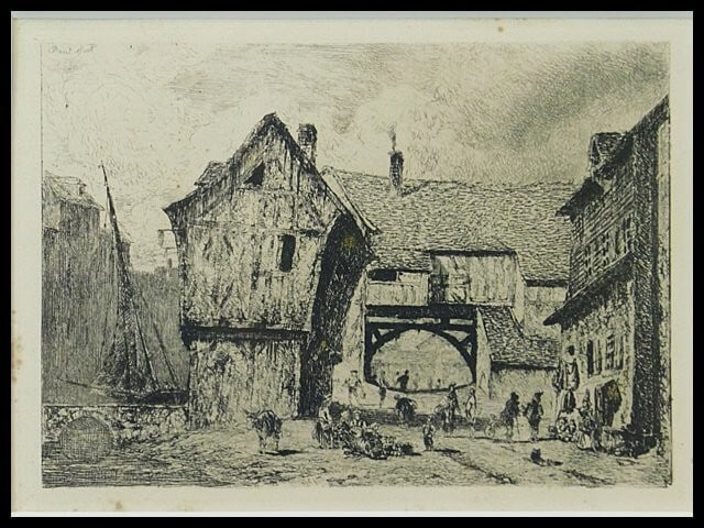 1866 Paul Huet "Old Houses at Honfleur Port" Original Etching Framed with Box (1 of 10)