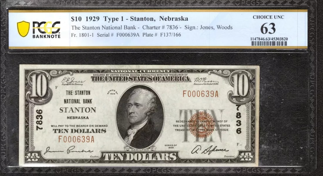 63 1929 $10 STANTON NATIONAL BANKNOTE CURRENCY NEBRASKA PCGS B CHOICE UNC CU (1 of 2)