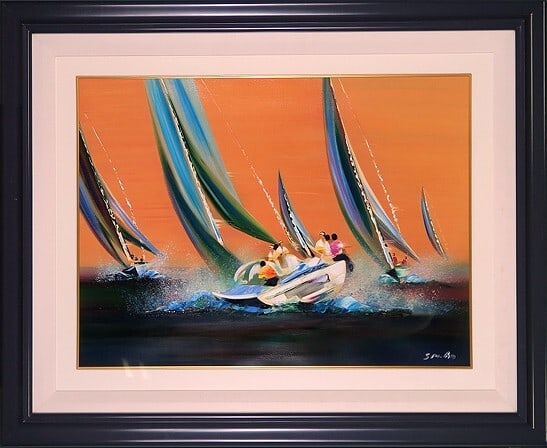102.5cm Victor Spahn Original Acrylic Painting Yacht Race Signed Framed 83.5 (1 of 1)