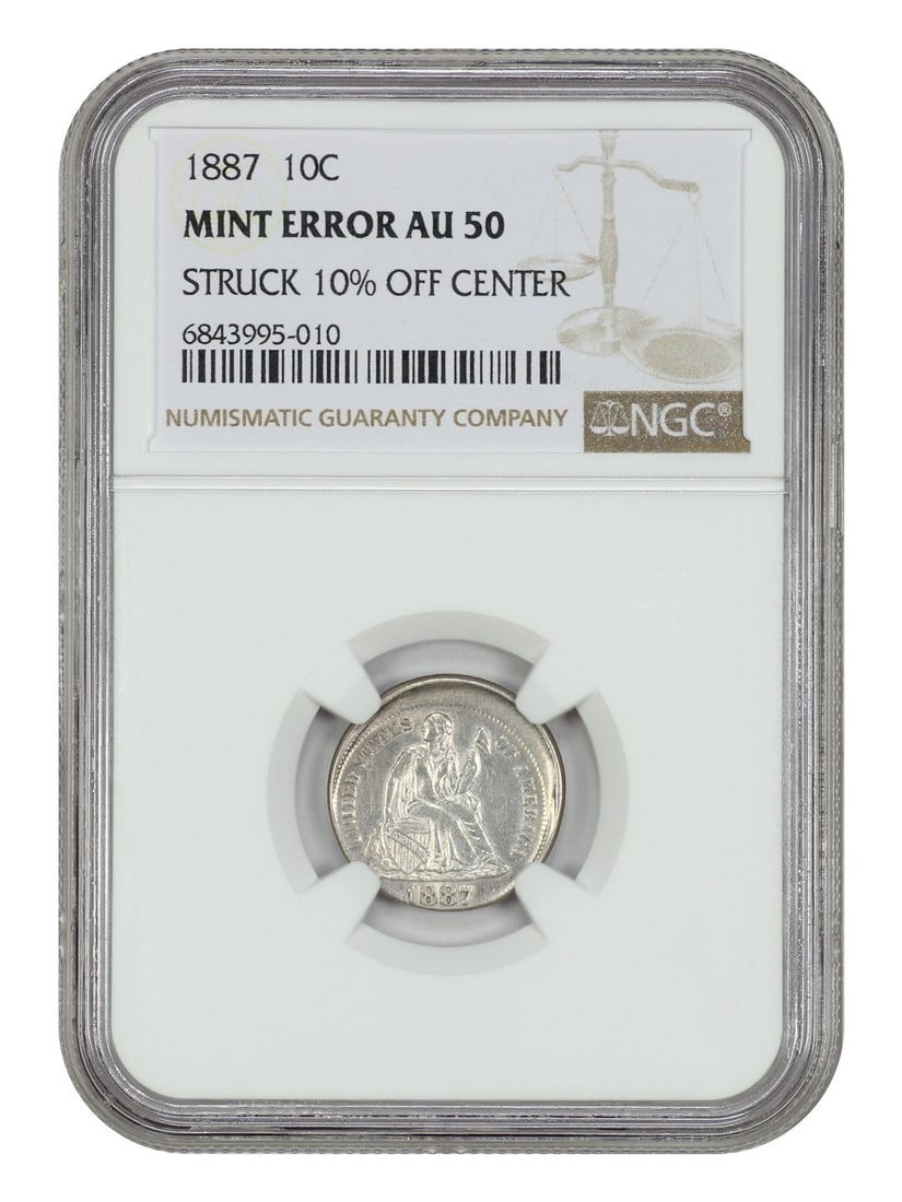 Liberty Seated Dime - Mint Error: 1887 10C NGC AU50 (Struck 10% off Center) (1 of 4)