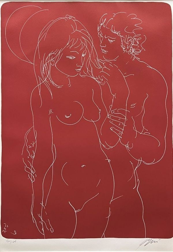 150 Hans Erni Orange Moon and Two Figures Signed Original Lithograph Print 42/ - 2