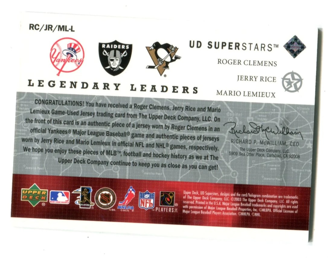 250 Clemons/ Rice/ Lemieux 2003 Upper Deck Legendary Cuts #RCJRMLL Card/ - 2