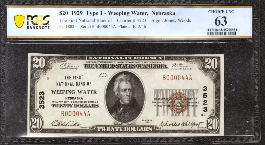 63 1929 $20 FIRST NATIONAL BANKNOTE WEEPING WATER NEBRASKA PCGS B CHOICE UNC CU: 63 1929 $20 FIRST NATIONAL BANKNOTE WEEPING WATER NEBRASKA PCGS B CHOICE UNC CU This listing features 63 1929 $20 FIRST NATIONAL BANKNOTE WEEPING WATER NEBRASKA PCGS B CHOICE UNC CU. Item specifics