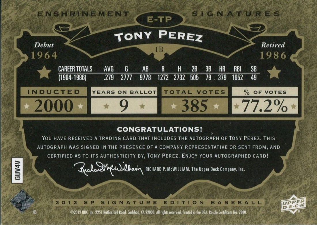 20 Tony Perez 2012 Autographed Card Upper Deck SP Signature Edition 04/ - 2