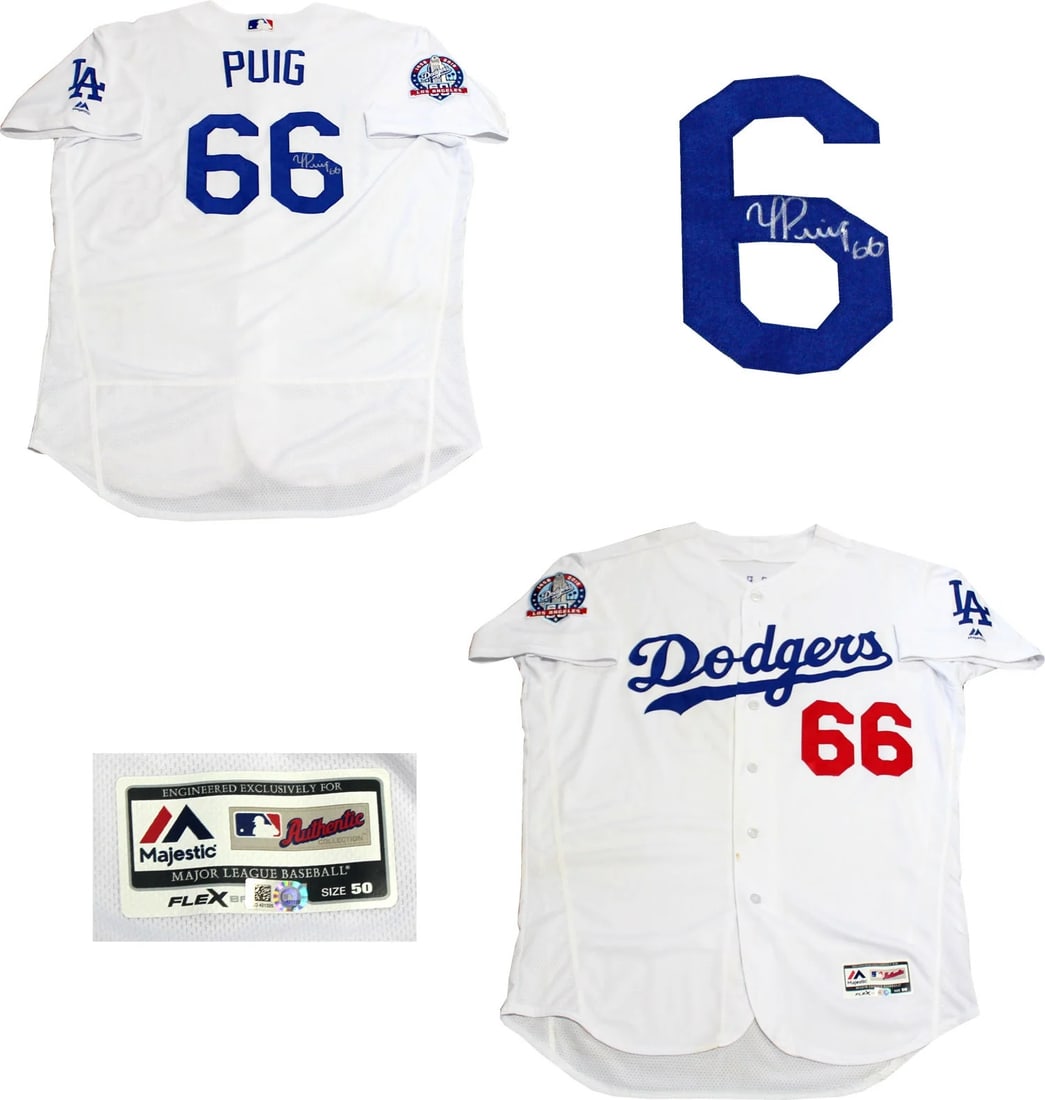 (MLB) Yasiel Puig Autographed Game Used Los Angeles Dodgers Jersey (1 of 5)