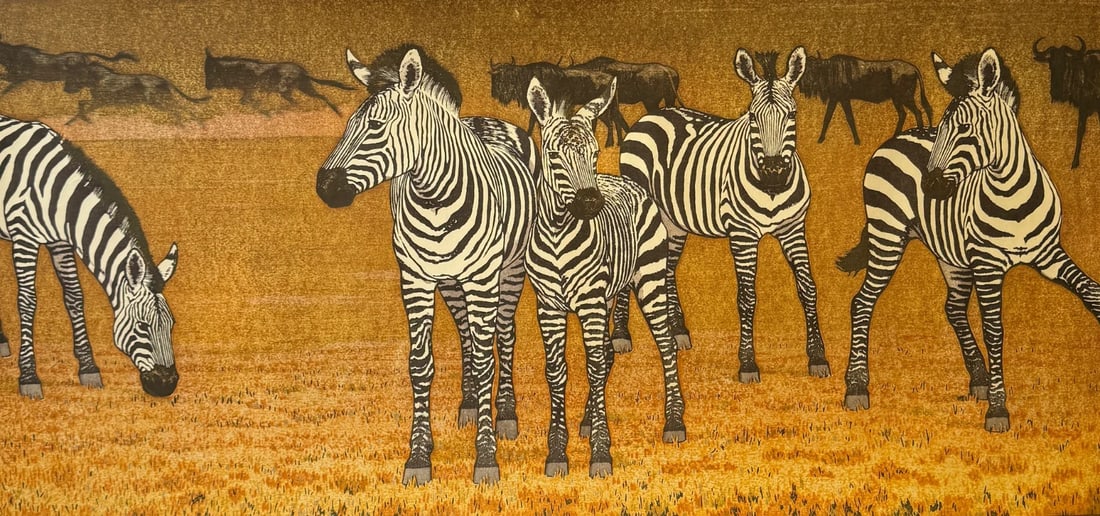 cm Toshi Yoshida "Zebra and Wildebeest" 1978 Woodblock print original 47 x 94 (1 of 3)