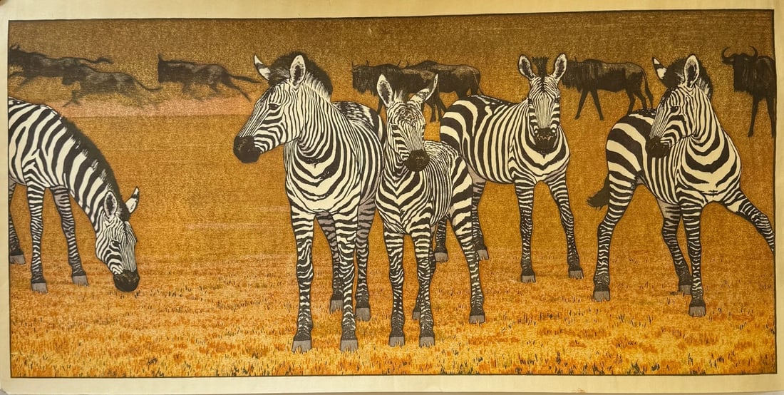 cm Toshi Yoshida "Zebra and Wildebeest" 1978 Woodblock print original 47 x 94 - 3