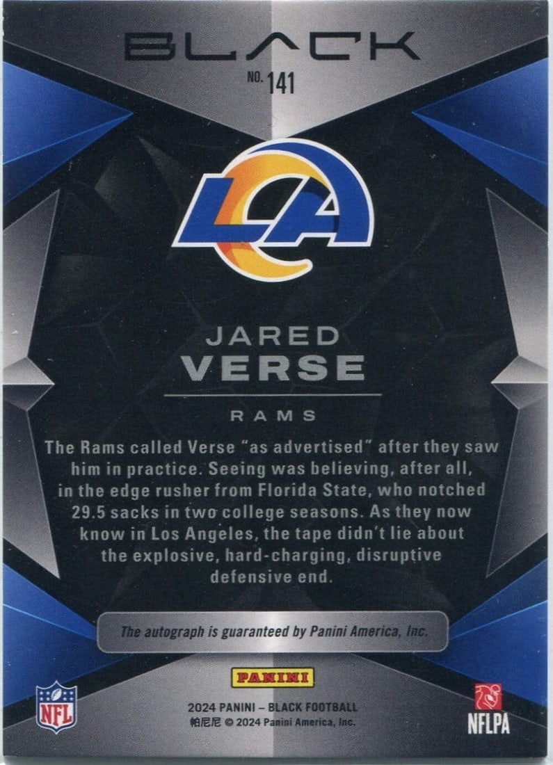 99 Jared Verse 2024 Panini Black Autographed RC #141 89/ - 2
