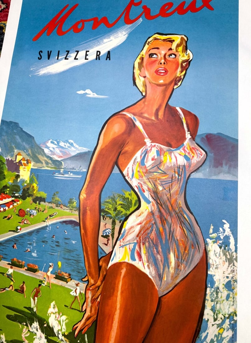 Geneva Swiss Travel Poster Montreux By Pierre Brenot C1950 View Mont Blanc Lake - 2