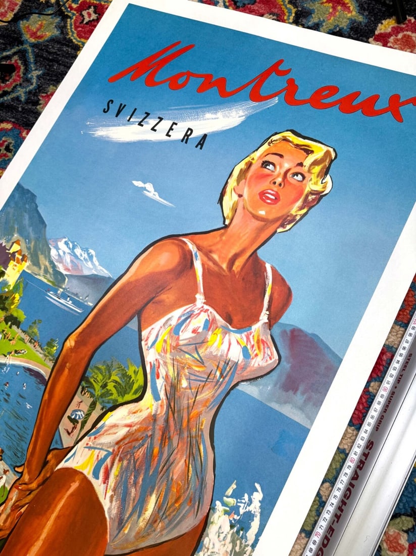 Geneva Swiss Travel Poster Montreux By Pierre Brenot C1950 View Mont Blanc Lake - 3