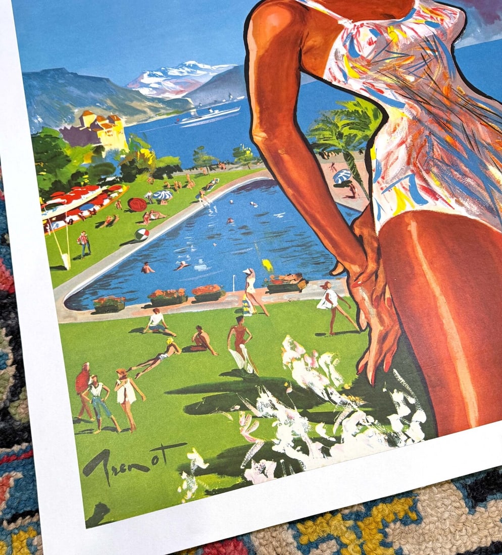 Geneva Swiss Travel Poster Montreux By Pierre Brenot C1950 View Mont Blanc Lake - 6