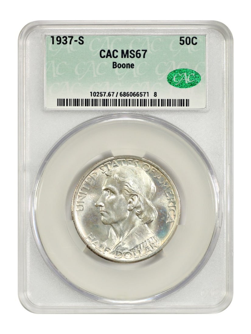 Low Mintage Issue - 1937-S 50C Boone CACG MS67 - Classic Silver Commemorative: Low Mintage Issue - 1937-S 50C Boone CACG MS67 - Classic Silver Commemorative This listing features Low Mintage Issue - 1937-S 50C Boone CACG MS67 - Classic Silver Commemorative. Item specifics are