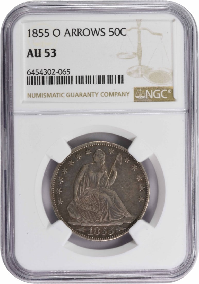 NGC 1855-O Liberty Seated Silver Half Dollar Arrows AU53: NGC 1855-O Liberty Seated Silver Half Dollar Arrows AU53 This listing features NGC 1855-O Liberty Seated Silver Half Dollar Arrows AU53. Item specifics are provided below. Item Specifics: Country Of