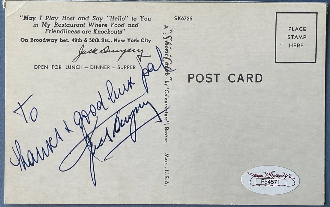 (JSA) Jack Dempsey Autographed Post Card (1 of 3)