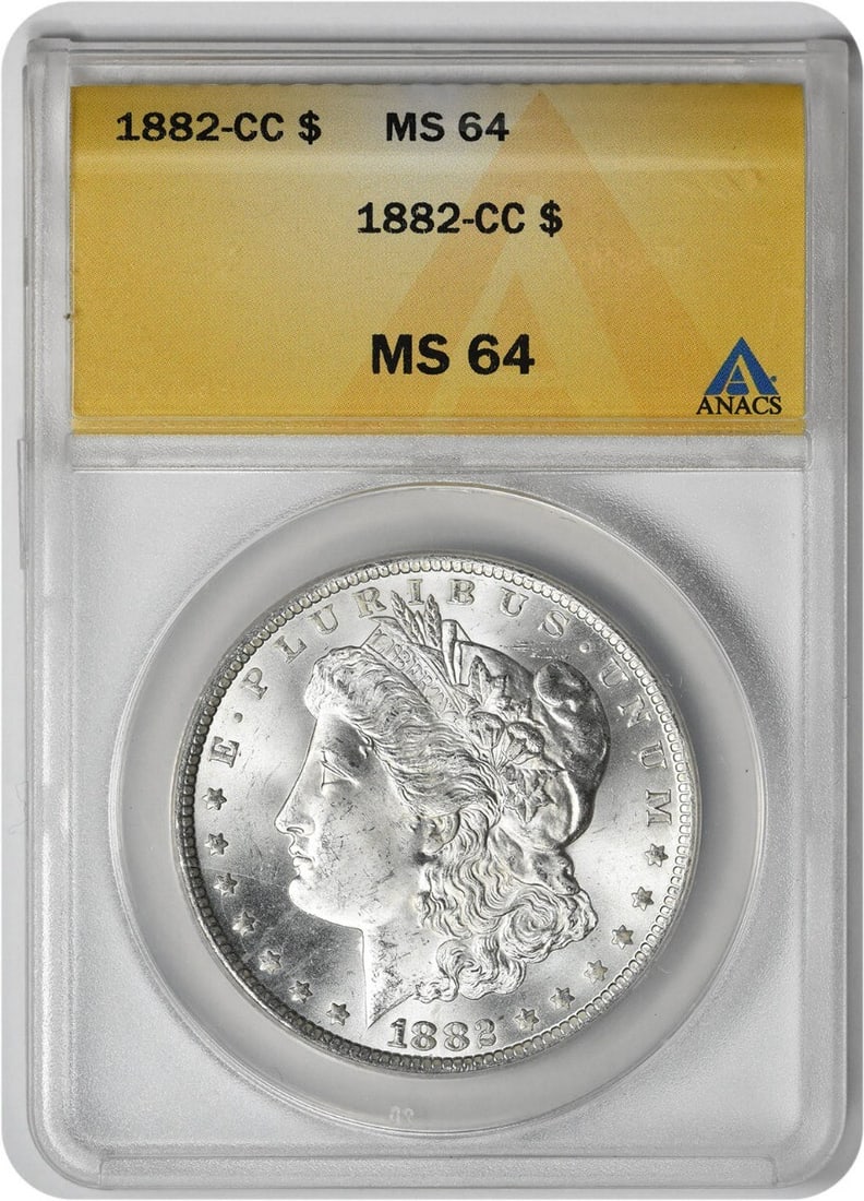 ANACS 1882-CC Morgan Silver Dollar MS64: ANACS 1882-CC Morgan Silver Dollar MS64 This listing features ANACS 1882-CC Morgan Silver Dollar MS64. Item specifics are provided below. Item Specifics: Country Of Origin: United States Certification