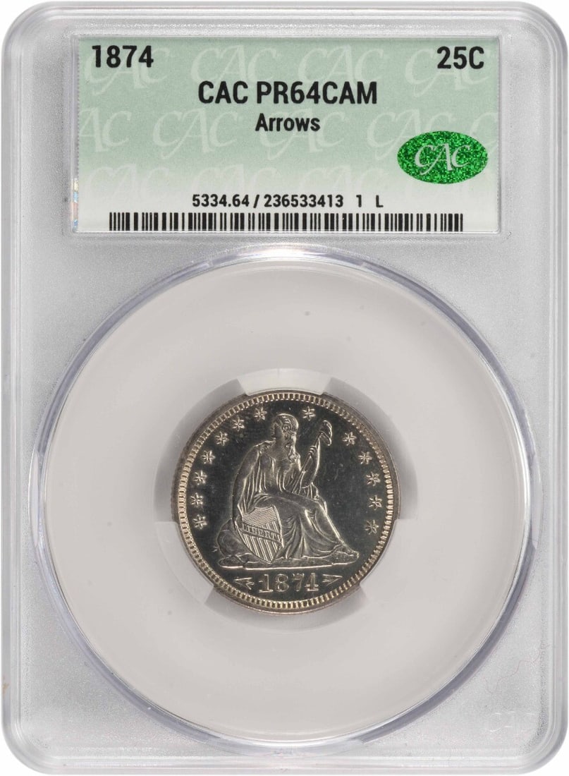 CACG 1874 Liberty Seated Silver Quarter PR64CAM: CACG 1874 Liberty Seated Silver Quarter PR64CAM This listing features CACG 1874 Liberty Seated Silver Quarter PR64CAM. Item specifics are provided below. Item Specifics: Country Of Origin: United Stat