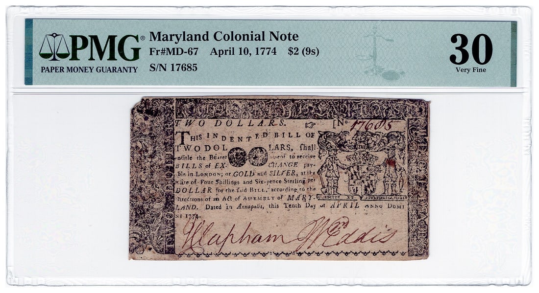 1774 $2 (9 Shillings) Maryland Colonial PMG VF30 (Corner Mis - FR. MD-67 April 10 (1 of 2)