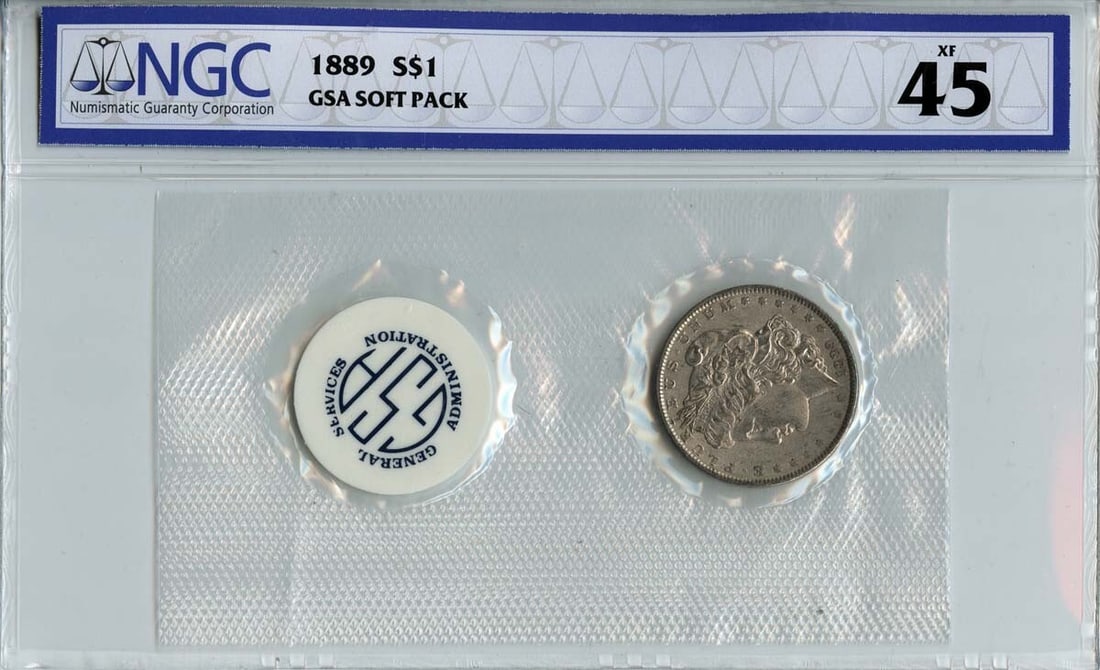 XF45 1889 Morgan Dollar GSA SOFT PACK S$1 NGC: XF45 1889 Morgan Dollar GSA SOFT PACK S$1 NGC This listing features XF45 1889 Morgan Dollar GSA SOFT PACK S$1 NGC. Item specifics are provided below. Item Specifics: Certification: NGC Certification
