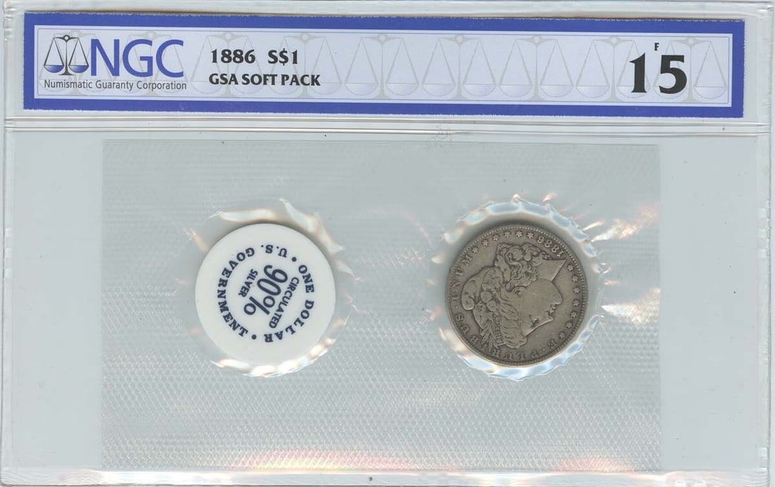 F15 1886 Morgan Dollar GSA SOFT PACK S$1 NGC: F15 1886 Morgan Dollar GSA SOFT PACK S$1 NGC This listing features F15 1886 Morgan Dollar GSA SOFT PACK S$1 NGC. Item specifics are provided below. Item Specifics: Certification: NGC Certification