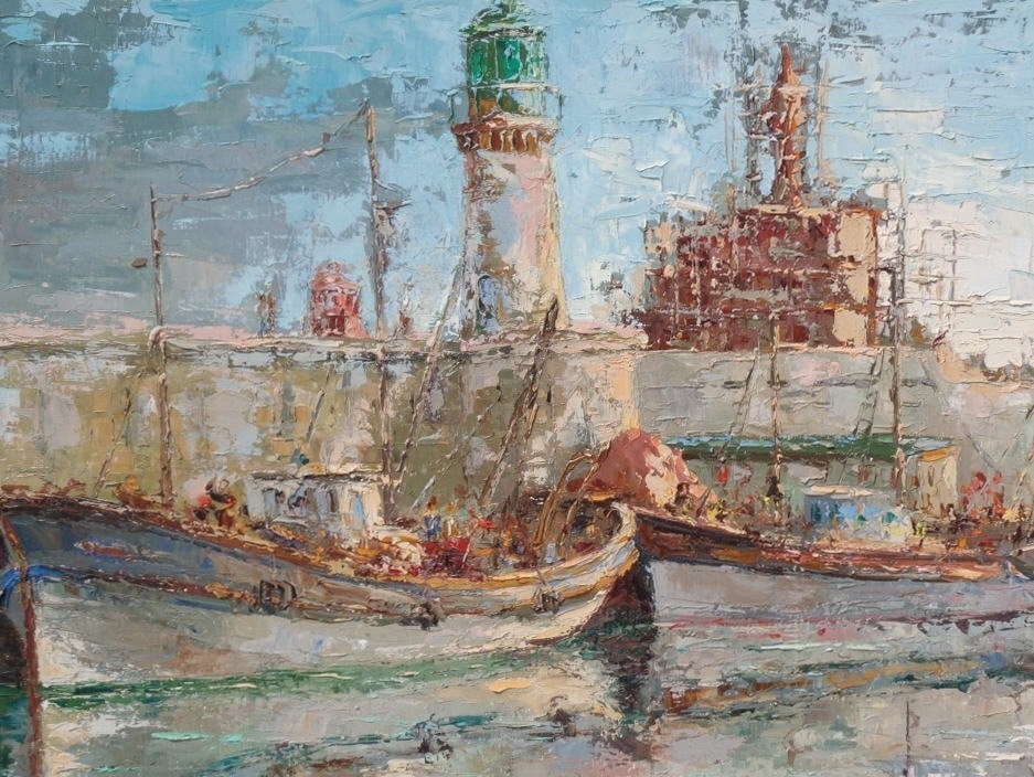 France Louis Rovira Original Oil Painting P20 Port Scene Harbor Boats Signed - 2