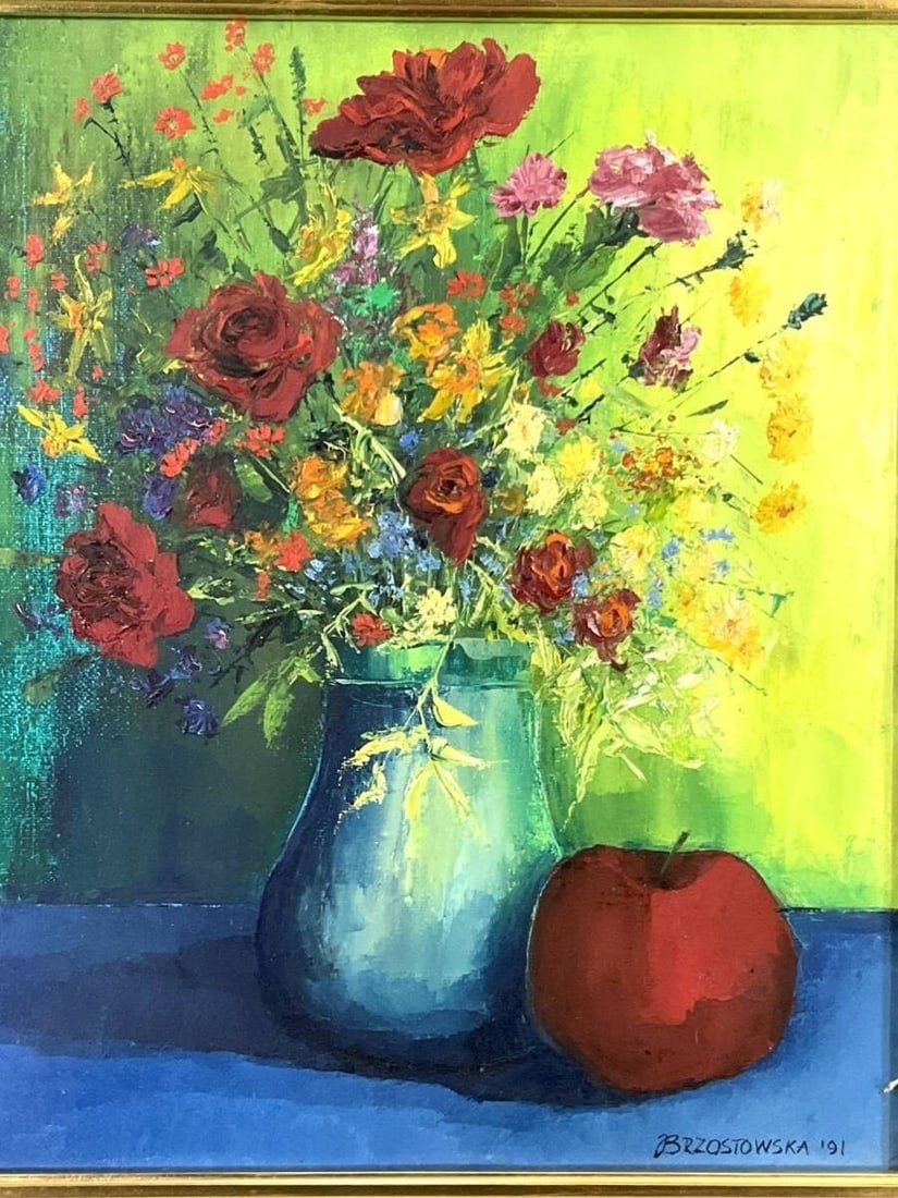 Europe BRZOSTOWSKA 1991 Original Oil Painting Still Life Flowers Vase Eastern - 2