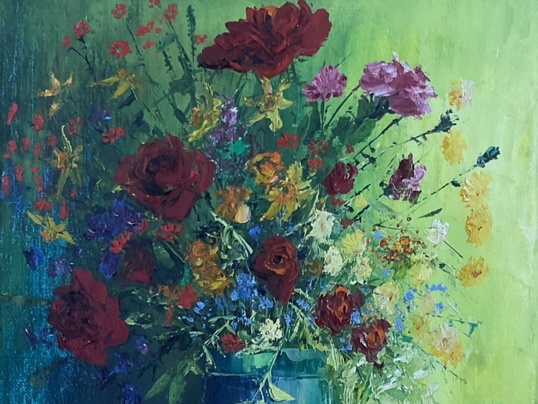 Europe BRZOSTOWSKA 1991 Original Oil Painting Still Life Flowers Vase Eastern - 3