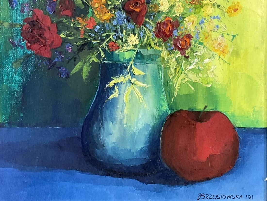 Europe BRZOSTOWSKA 1991 Original Oil Painting Still Life Flowers Vase Eastern - 4