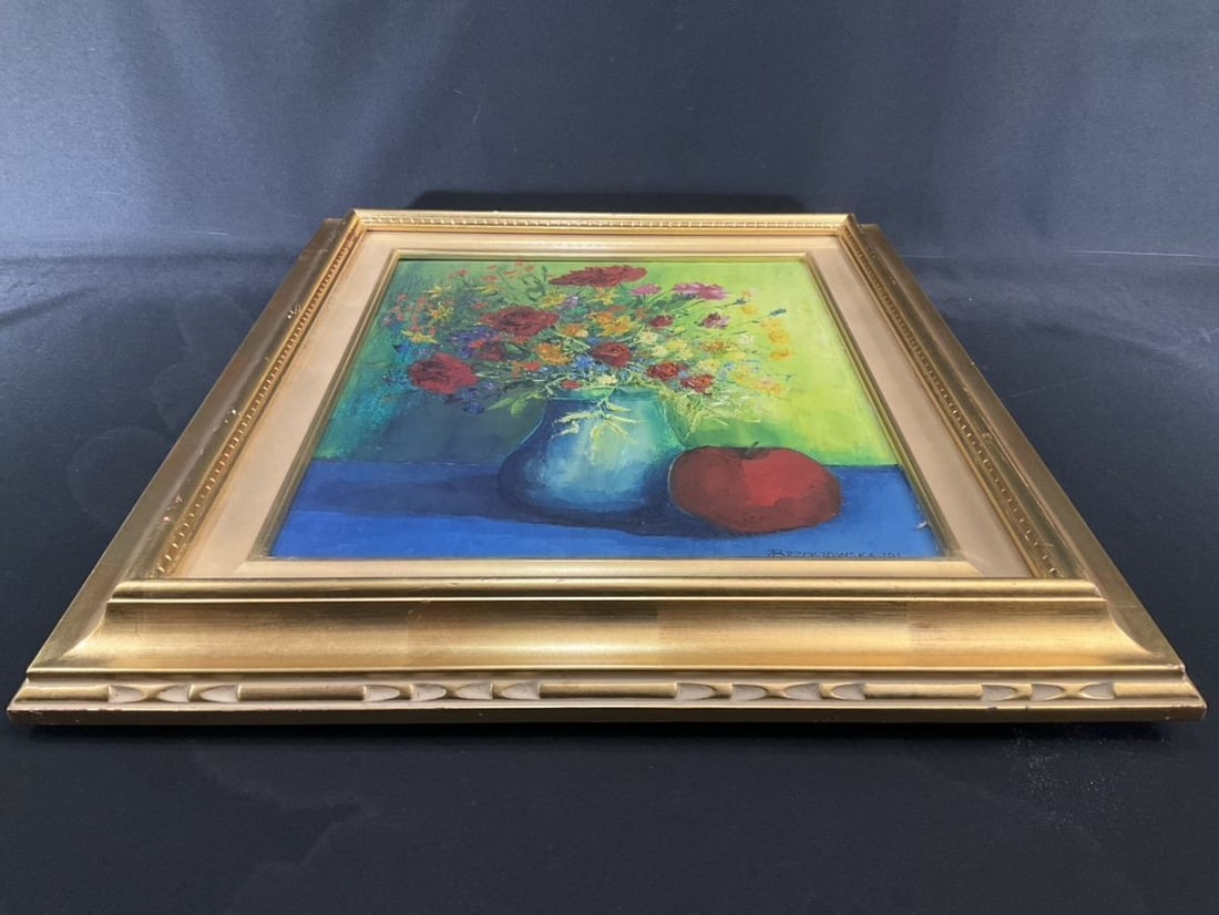 Europe BRZOSTOWSKA 1991 Original Oil Painting Still Life Flowers Vase Eastern - 7