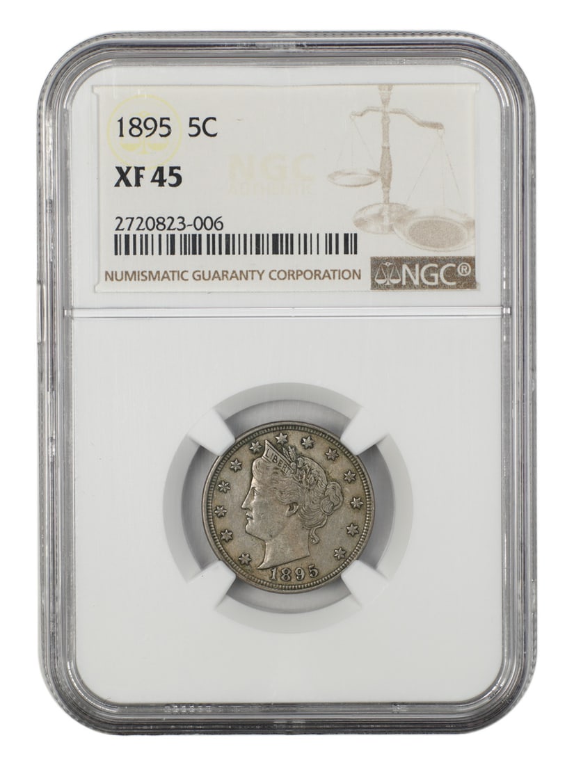 Liberty Nickel - 1895 5C NGC XF45: Liberty Nickel - 1895 5C NGC XF45 This listing features Liberty Nickel - 1895 5C NGC XF45. Item specifics are provided below. Item Specifics: Certification: NGC Certification Number: 2720823006 Circul