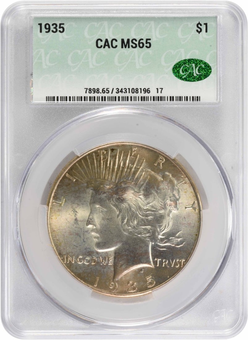 CACG 1935 Peace Silver Dollar MS65: CACG 1935 Peace Silver Dollar MS65 This listing features CACG 1935 Peace Silver Dollar MS65. Item specifics are provided below. Item Specifics: Country Of Origin: United States Certification: CACG Cir