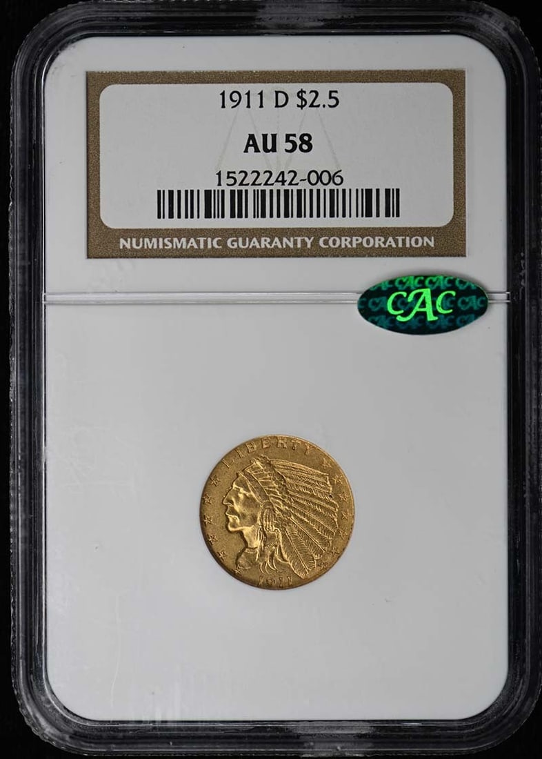 (CAC) 1911-D Indian $2.50 NGC AU58: (CAC) 1911-D Indian $2.50 NGC AU58 This listing features (CAC) 1911-D Indian $2.50 NGC AU58. Item specifics are provided below. Item Specifics: Certification: NGC Certification Number: 1522242006 Grad