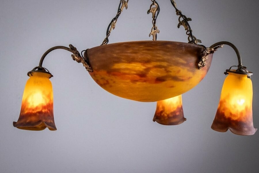 Deco MULLER FRERES Signed Chandelier Gilt Bronze & Art Glass French Art (1 of 10)