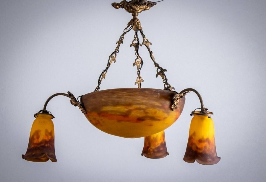 Deco MULLER FRERES Signed Chandelier Gilt Bronze & Art Glass French Art - 2