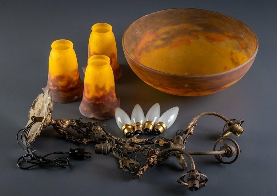 Deco MULLER FRERES Signed Chandelier Gilt Bronze & Art Glass French Art - 4