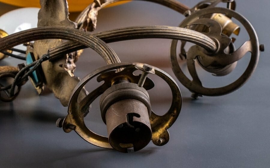 Deco MULLER FRERES Signed Chandelier Gilt Bronze & Art Glass French Art - 5