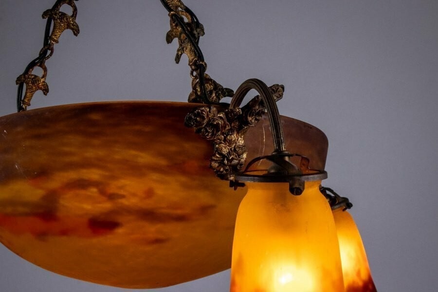 Deco MULLER FRERES Signed Chandelier Gilt Bronze & Art Glass French Art - 7