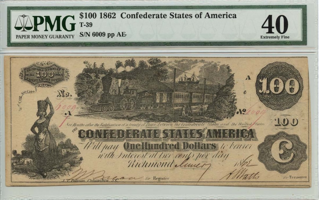 Issued 1862 $100 Confederate States of America T-39 PMG XF40 W.T. Goodwin (1 of 1)