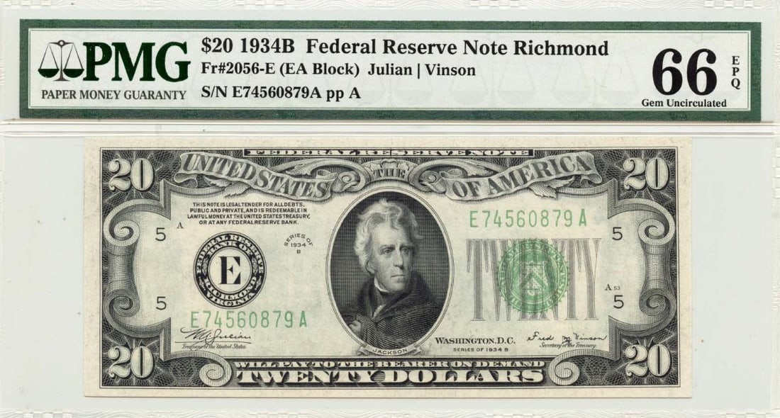 EPQ 1934B $20 Federal Reserve Note Richmond Fr# 2056-E PMG Gem66: EPQ 1934B $20 Federal Reserve Note Richmond Fr# 2056-E PMG Gem66 This listing features EPQ 1934B $20 Federal Reserve Note Richmond Fr# 2056-E PMG Gem66. Item specifics are provided below. Item Specifi