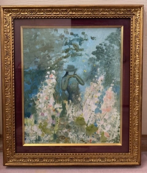 Art Anne Marie Joly Original Oil Painting Girl in Flower Garden Framed French (1 of 4)