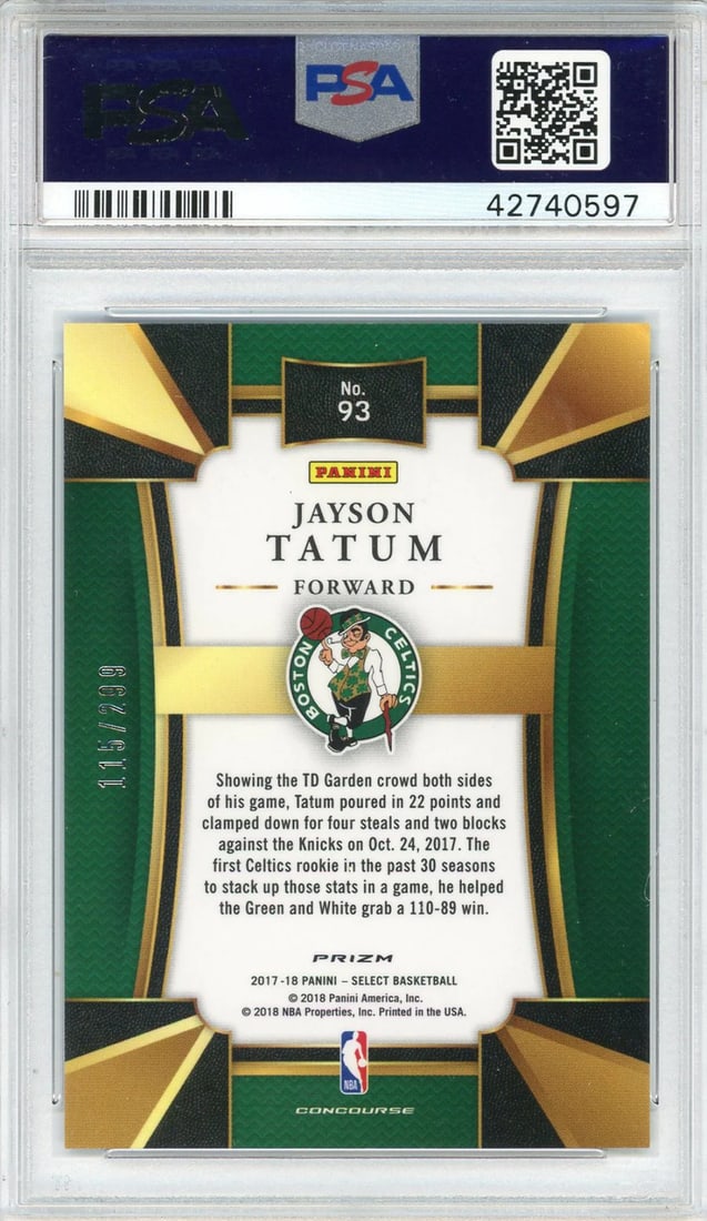 10) Jayson Tatum 2017 Panini Select Blue Prizm Rookie Card #93 (PSA - 2