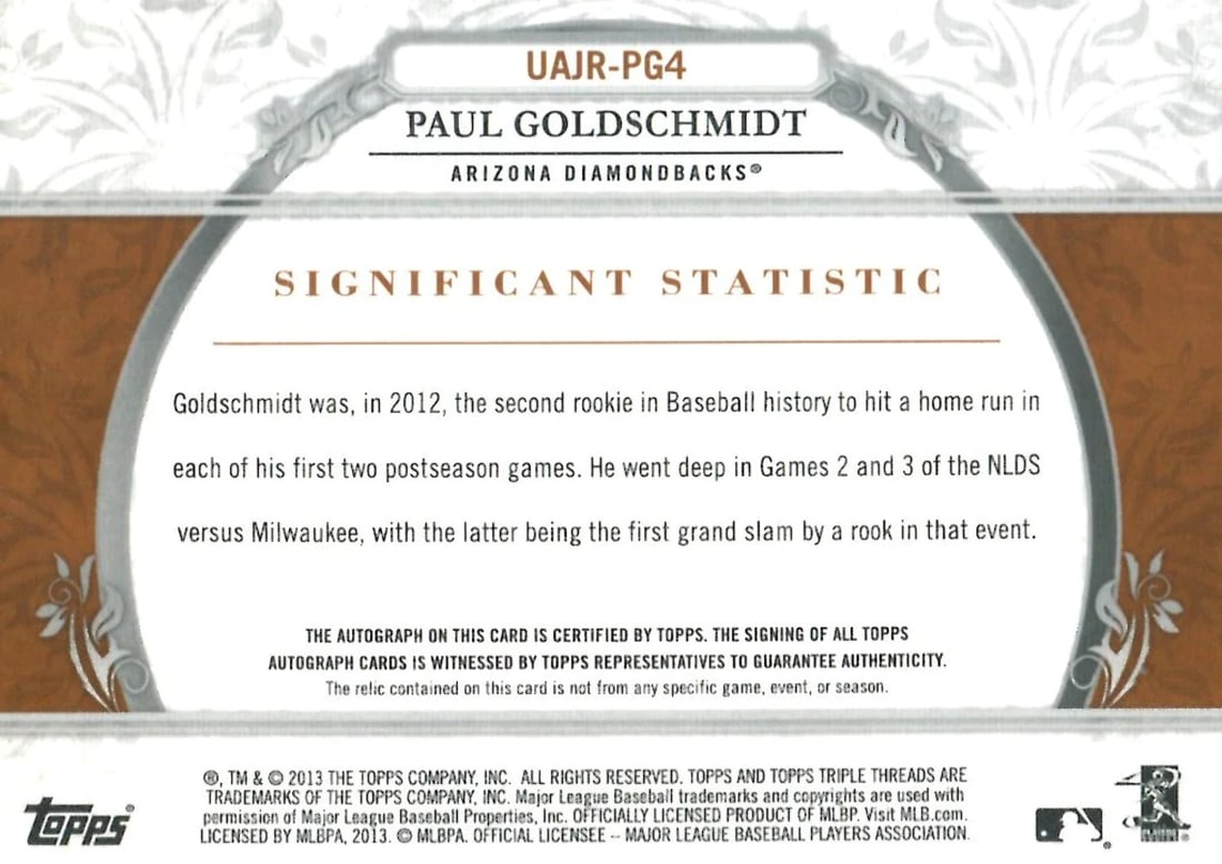 75 Paul Goldshmidt 2013 Triple Threads Game-Used/ Autographed Card #5/ - 2