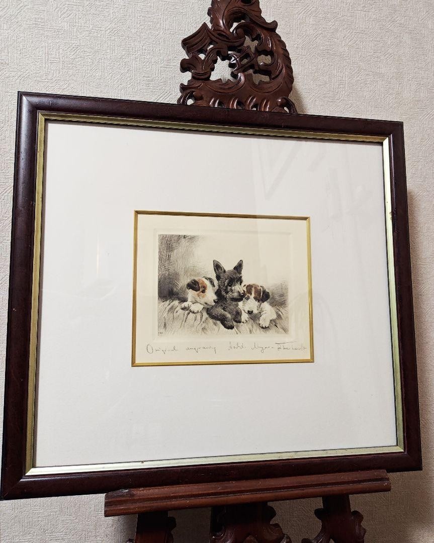 Framed Kurt Meyer-Eberhardt Puppies Etching Hand-Colored Original Engraving - 2